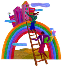 bizwoman on ladder rainbow