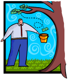 man catching money from a tree